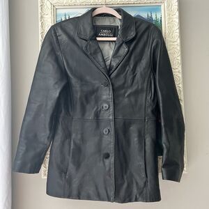 Black Leather Jacket Mens sz SMALL Carlo Amboldi Button Down Pockets Collar